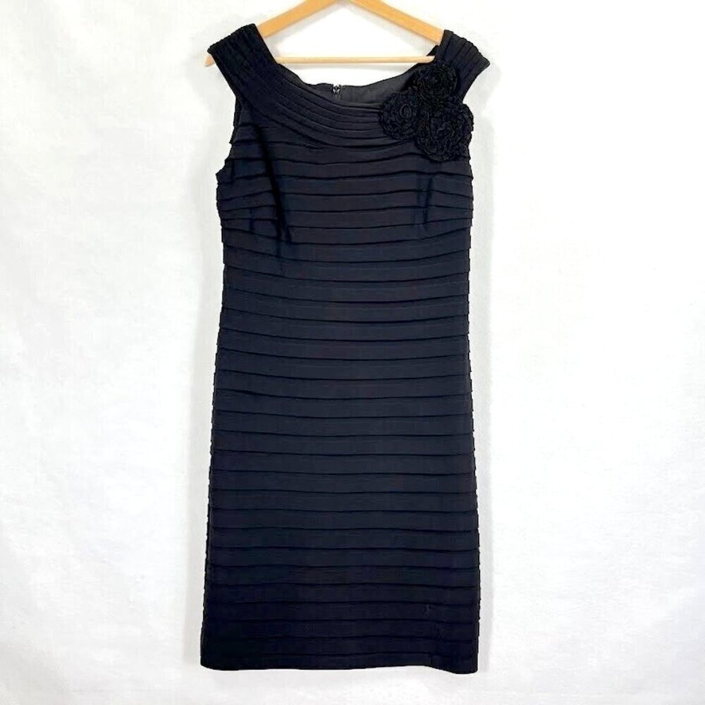 Adrianna Papell Black Tiered Midi Dress with Rosette Detail